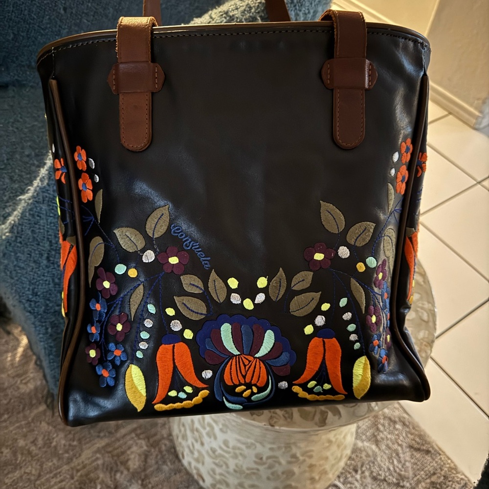Consuela Navy Blue LEATHER RARE Classic Tote Beautiful Embroidery